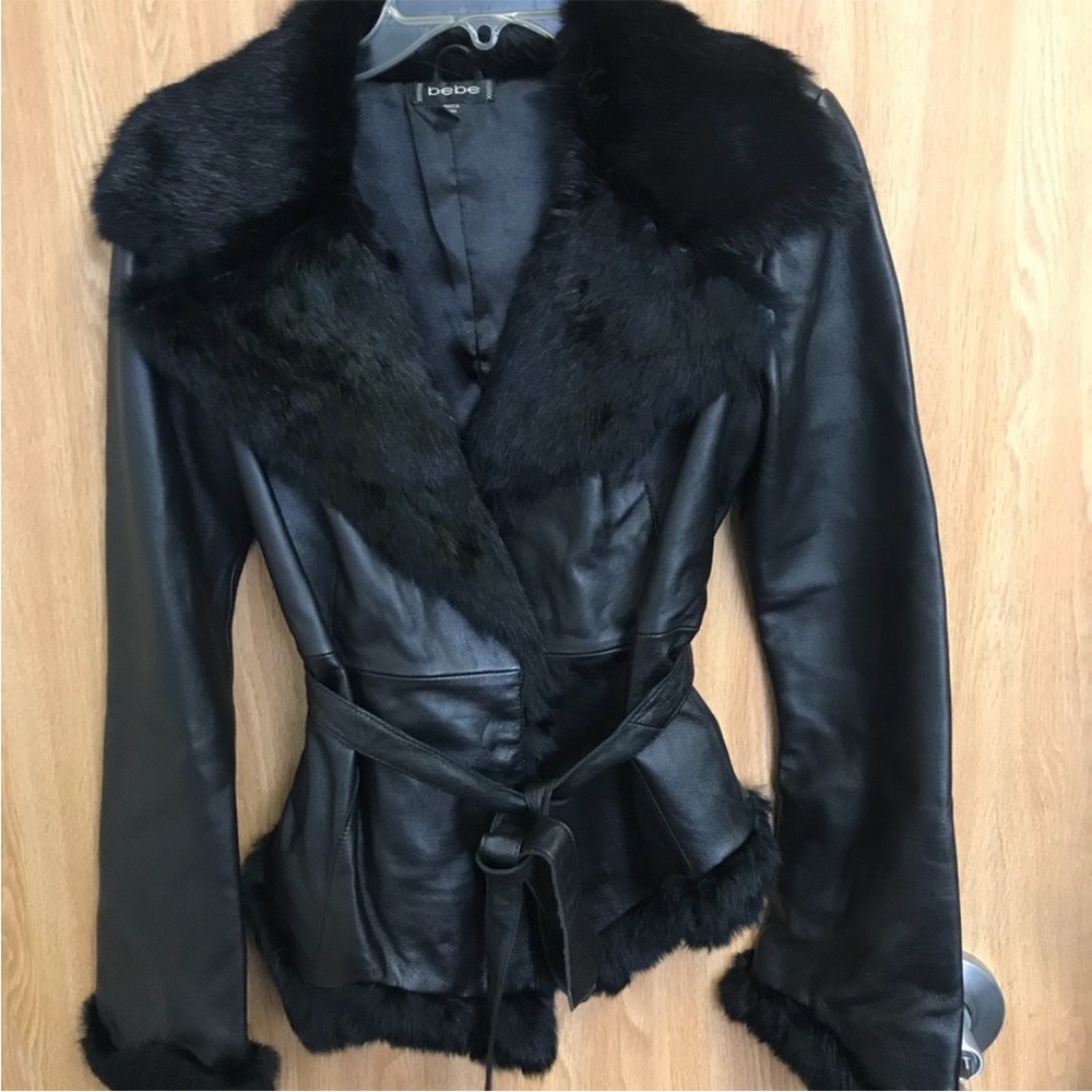 ✨🚨ISO🚨✨ Bebe black leather and fur coat with jagged asymmetrical hem